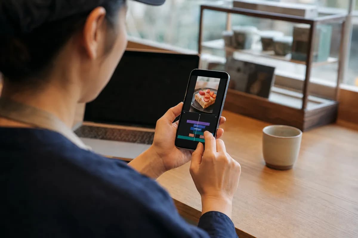 スマートフォンで料理の動画を編集するイメージ